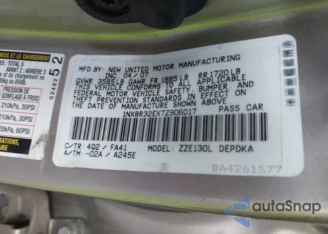 2007 Toyota Corolla Ce из США, поврежденный, VIN 1NXBR32EX7Z906017